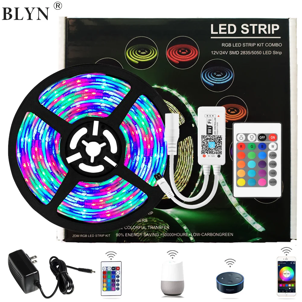 

32.8ft 10m rgb wifi led strip lights music sync voice control with Alexa Google smd2835 5m waterproof smart strips 12V adapter