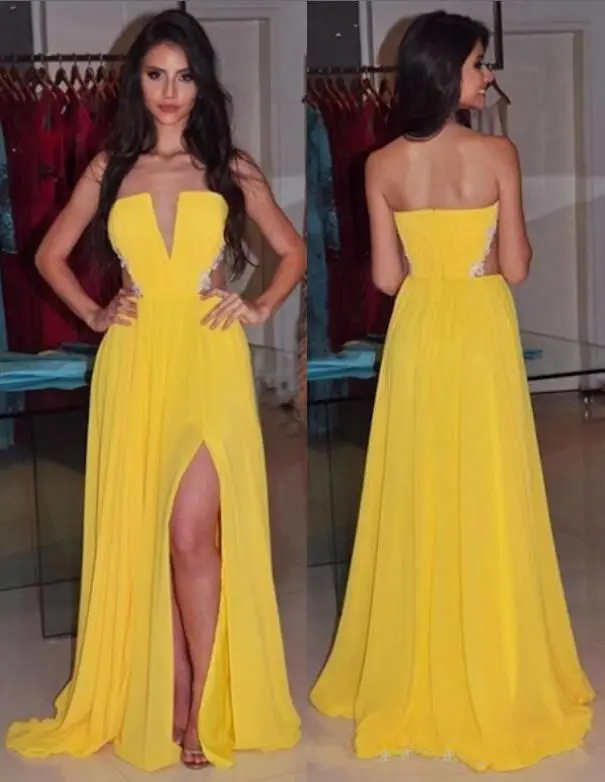 Yellow Strapless Cutaway Waist Long Chiffon Prom Dresses Party Gown A Line Side Split Sexy Evening Formal Gowns
Yellow Strapless Cutaway Waist Long Chiffon Prom Dresses Party Gown A Line Side Split Sexy Evening Formal Gowns