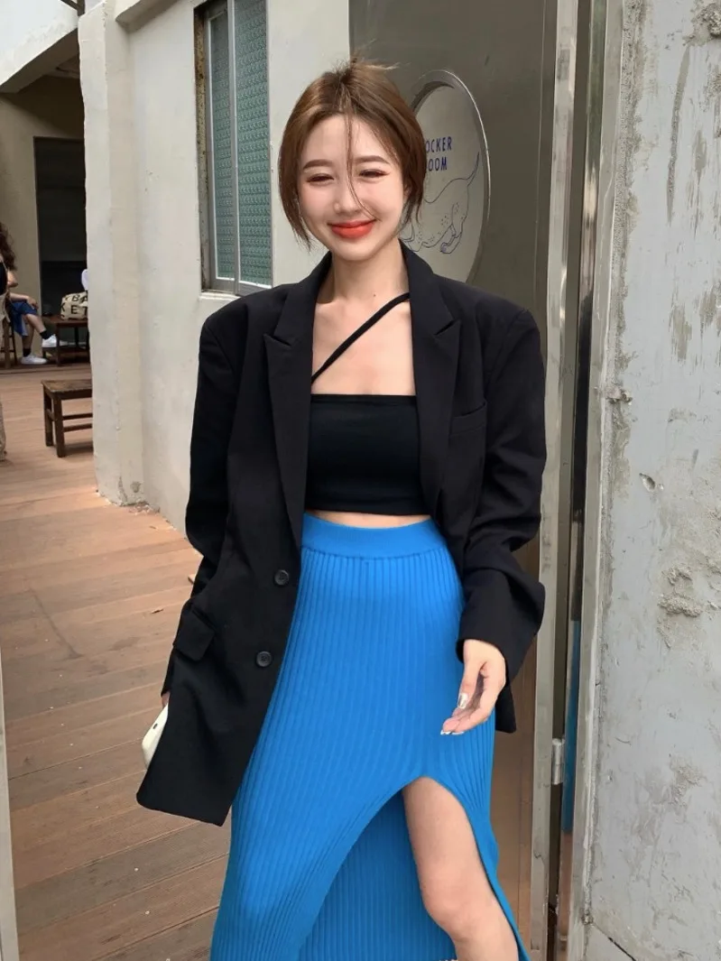 Knitted Half-length Skirt Feminine Split Blue Mid-length Skirt 2021 Summer New Style Black High-quality Blazer Dress Suits
Knitted Half-length Skirt Feminine Split Blue Mid-length Skirt 2021 Summer New Style Black High-quality Blazer Dress Suits