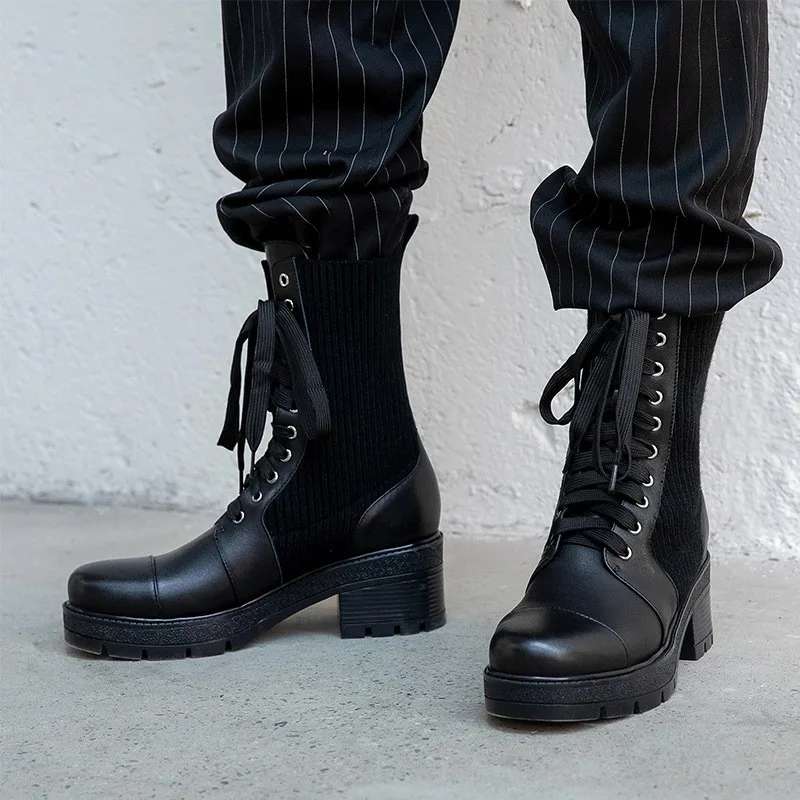Patchwork Knitted Socks Boots Women Real Leather Cowhide Platform Thick Heel Boots Street Black Punk Gothic High-Top Shoes
Patchwork Knitted Socks Boots Women Real Leather Cowhide Platform Thick Heel Boots Street Black Punk Gothic High-Top Shoes