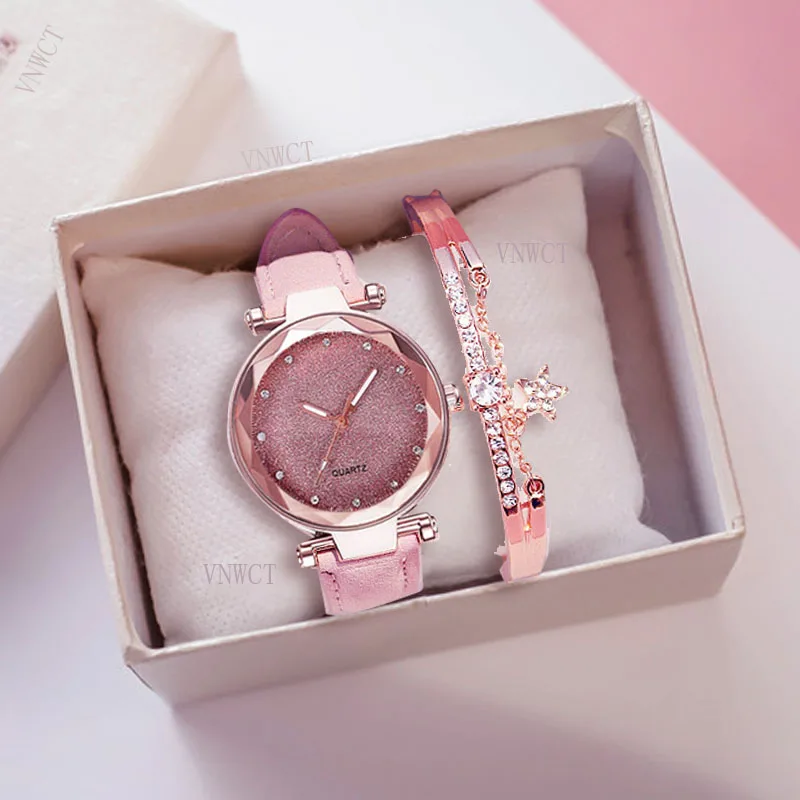 

Женские часы с кожаным ремешком, романтические наручные часы со звездным небом, браслет, со стразами, дизайнерские, женские часы