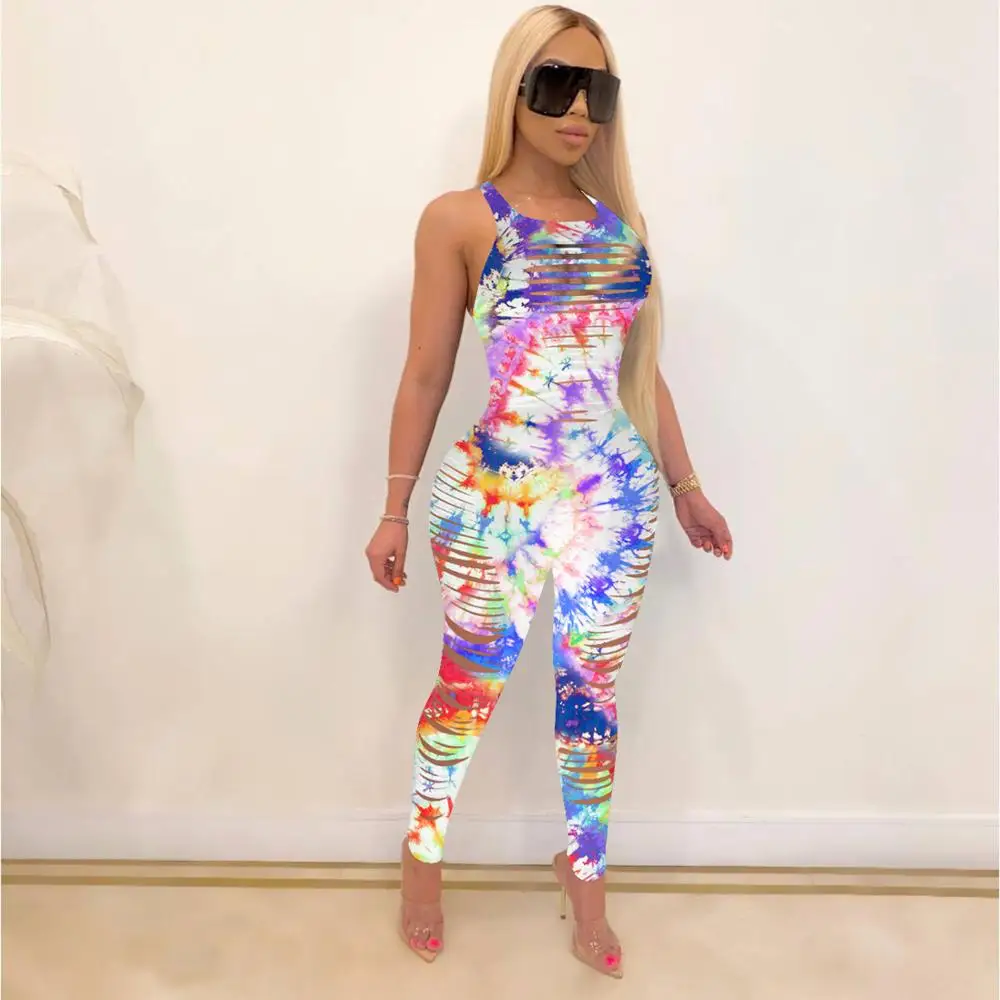 

Tmustobe Gradient Printed Jumpsuit Slim Office Style Overalls Womans Casual Fashion Sexy Cutout Middle Waist Vest Jumpsuit