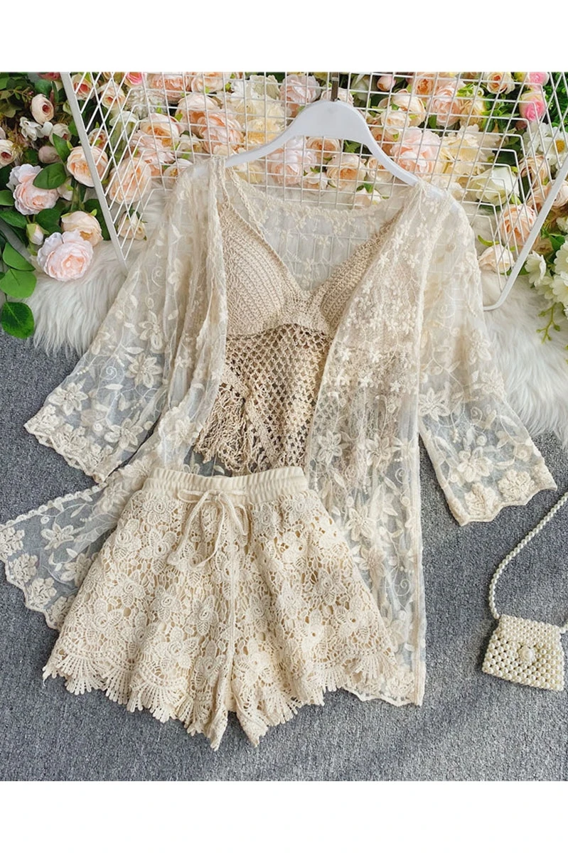 3 Piece Set Women Lace Long Sleeve Cardigan+hollow Out Tassel Suspenders+elasticity Lacing Shorts Knitting Fashion Suits
3 Piece Set Women Lace Long Sleeve Cardigan+hollow Out Tassel Suspenders+elasticity Lacing Shorts Knitting Fashion Suits