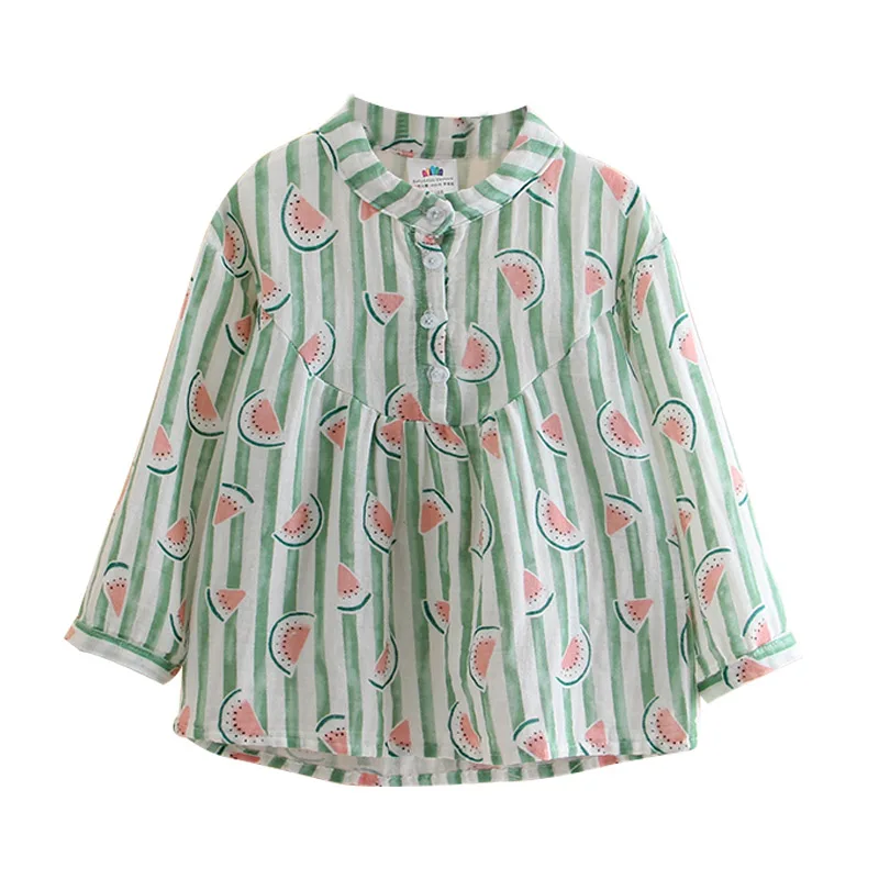 

2021 Spring New Arrival Kids Clothing Children Mandarin Collar Baby Girls Watermelon Print Stripe Long Sleeve Blouses Shirt Tops