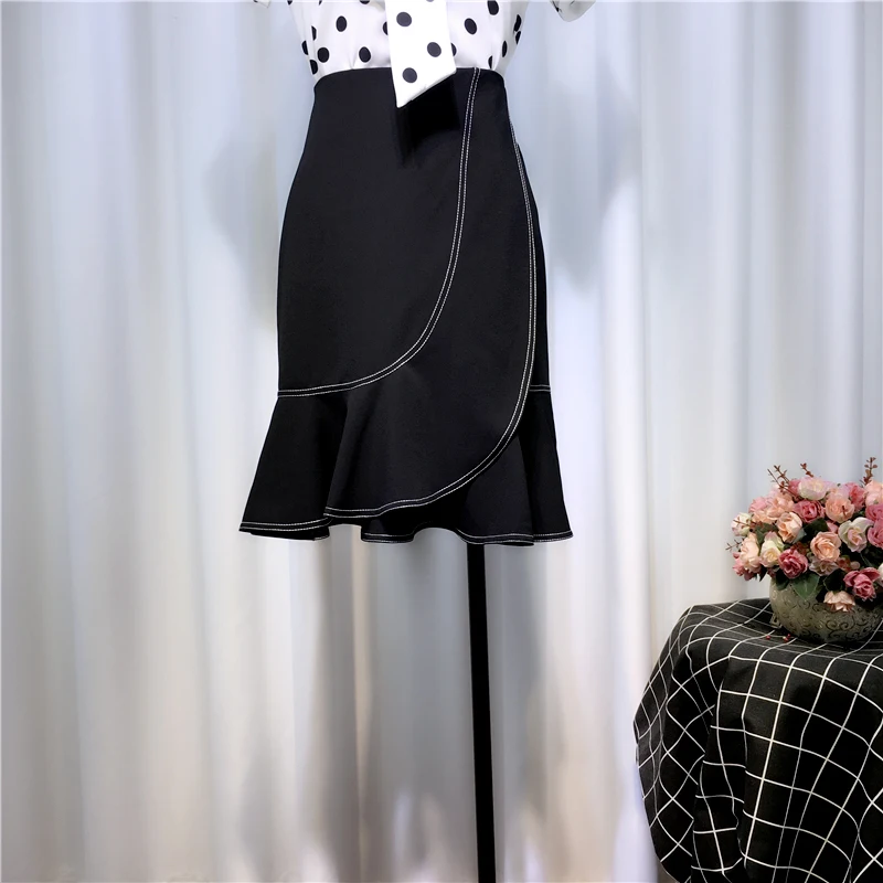 

2020 New Spring Summer Korea-style High Waist Ruffles Fishtail Mermaid-skirts for Lady Solid Color Black Irregular Trumpet Skirt