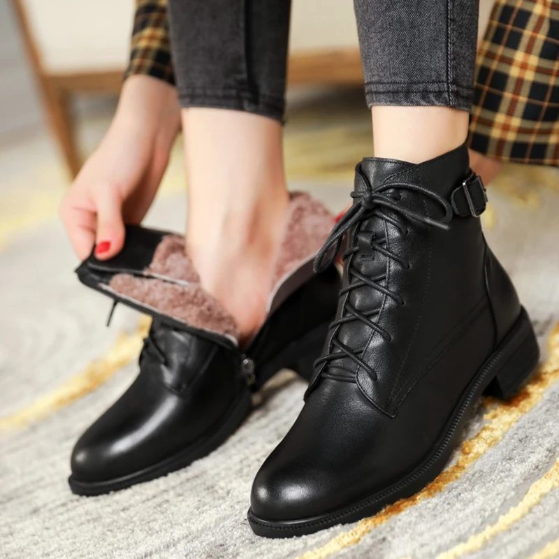 

SIMLOVEYO Real Warm Wool Boots Russia Minus 30 Degrees Women Shoes Winter Flat Heel High Quality Real Leather Ankle Botas 41