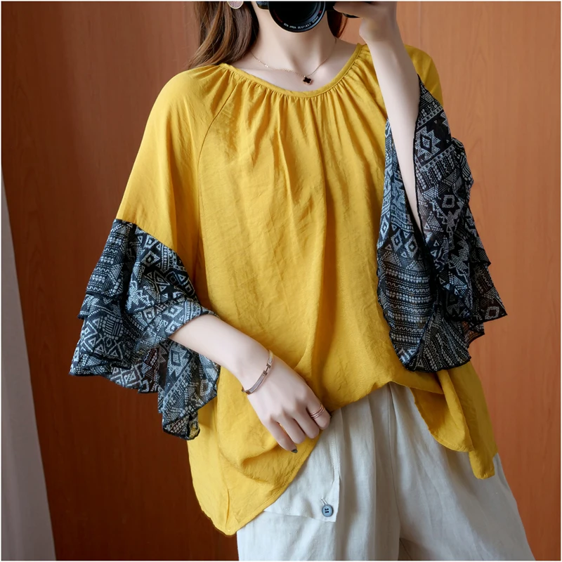 2020 Spring Summer New Arts Style Patchwork Flare Sleeve Women Shirts Big Size O-neck Casual Cotton Linen Vintage Shirts M43
2020 Spring Summer New Arts Style Patchwork Flare Sleeve Women Shirts Big Size O-neck Casual Cotton Linen Vintage Shirts M43