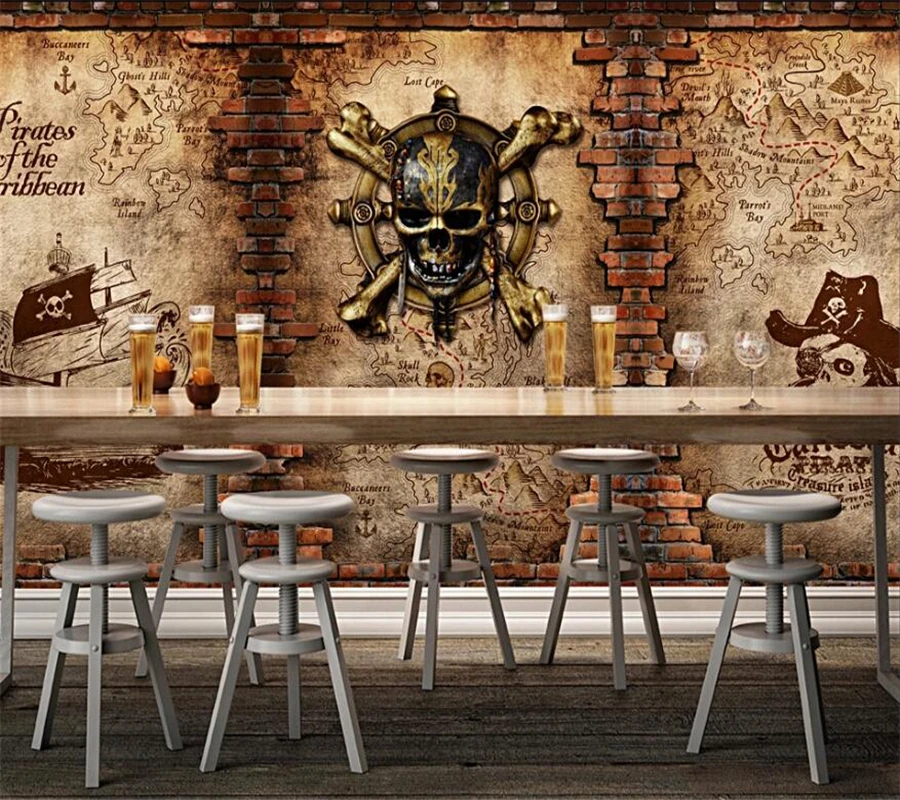 

Индивидуальные 3d обои в стиле ретро пиратский корабль Бар Кафе фоновая стена мотоцикл ностальгические украшения кирпичной стены живопись фотообои