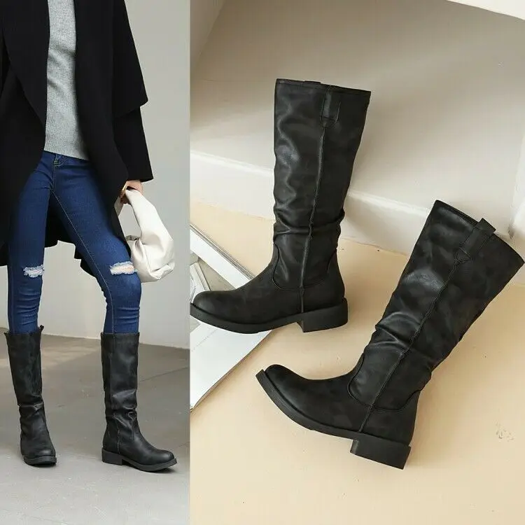 Женские военные сапоги из искусственной кожи, плиссированные сапоги, сапоги до середины икры для верховой езды 
Женские военные сапоги из искусственной кожи, плиссированные сапоги, сапоги до середины икры для верховой езды