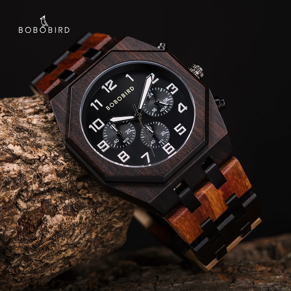 

BOBO BIRD Watch for Men Wood Quartz Wristwatch Date Week Display reloj hombre Chronograph Timepiece Watches Custom Dropshipping