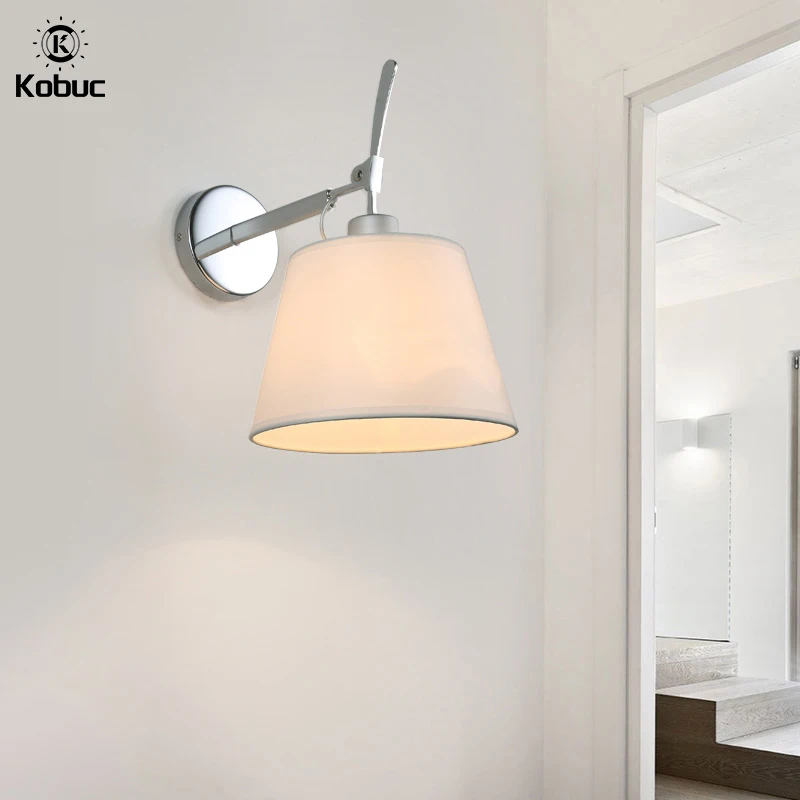 

Kobuc Italy Design Bedroom Sconces With Fabric Lampshade Modern Rotatable Wall Light Fixture for Office Bedside TV Background