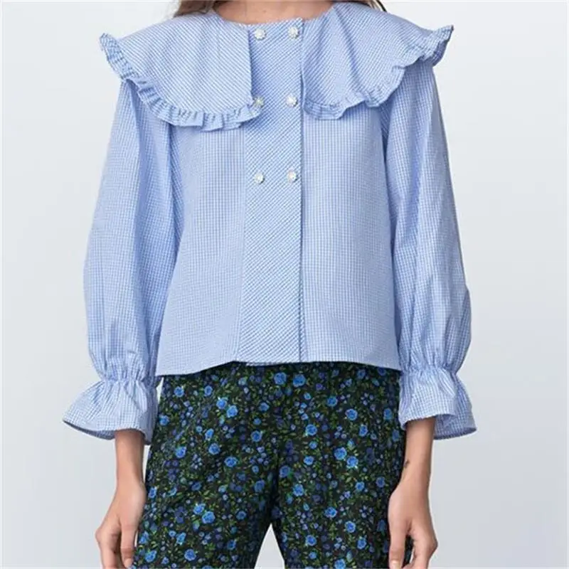 

ZXQJ Women 2021 Fashion With Jewel Buttons Checked Blouses Vintage Long Sleeve Ruffled Female Shirts Blusas Chic Tops