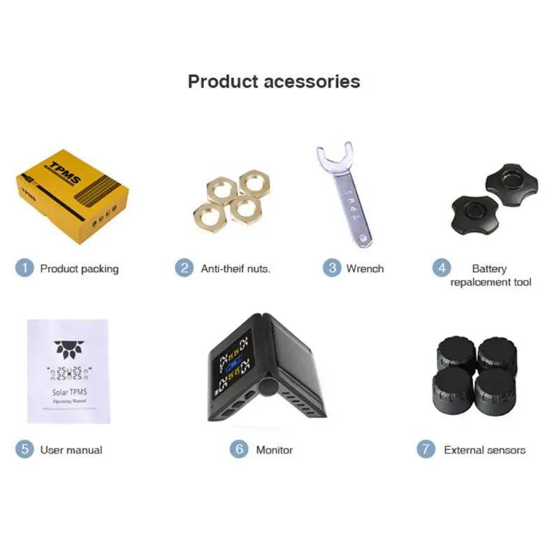 TPMS Solar Power Tyre Pressure Monitoring System with 4 Sensors LCD Real-time Display Car Tire Pressure Auto Alarm
TPMS Solar Power Tyre Pressure Monitoring System with 4 Sensors LCD Real-time Display Car Tire Pressure Auto Alarm