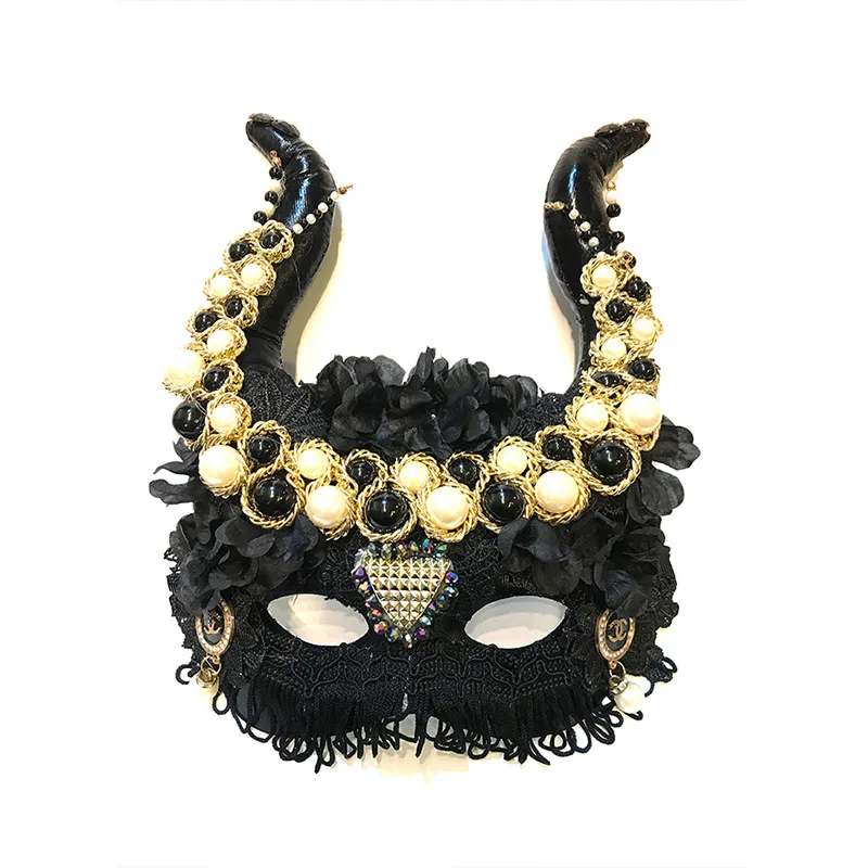 

Novelty Halloween Cosplay Headdress Gothic Devil Horn Headband Crystal Pearls Lace Mask with Hairband Party Masquerade Hair Acce