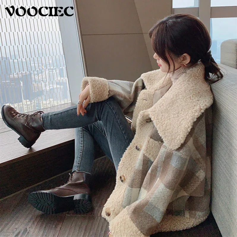 

Зимнее женское Шерстяное Пальто VOOCIEC, модное пальто для девушек в стиле колледжа, Новое Стильное пальто из овечьей шерсти, милое шерстяное п...
