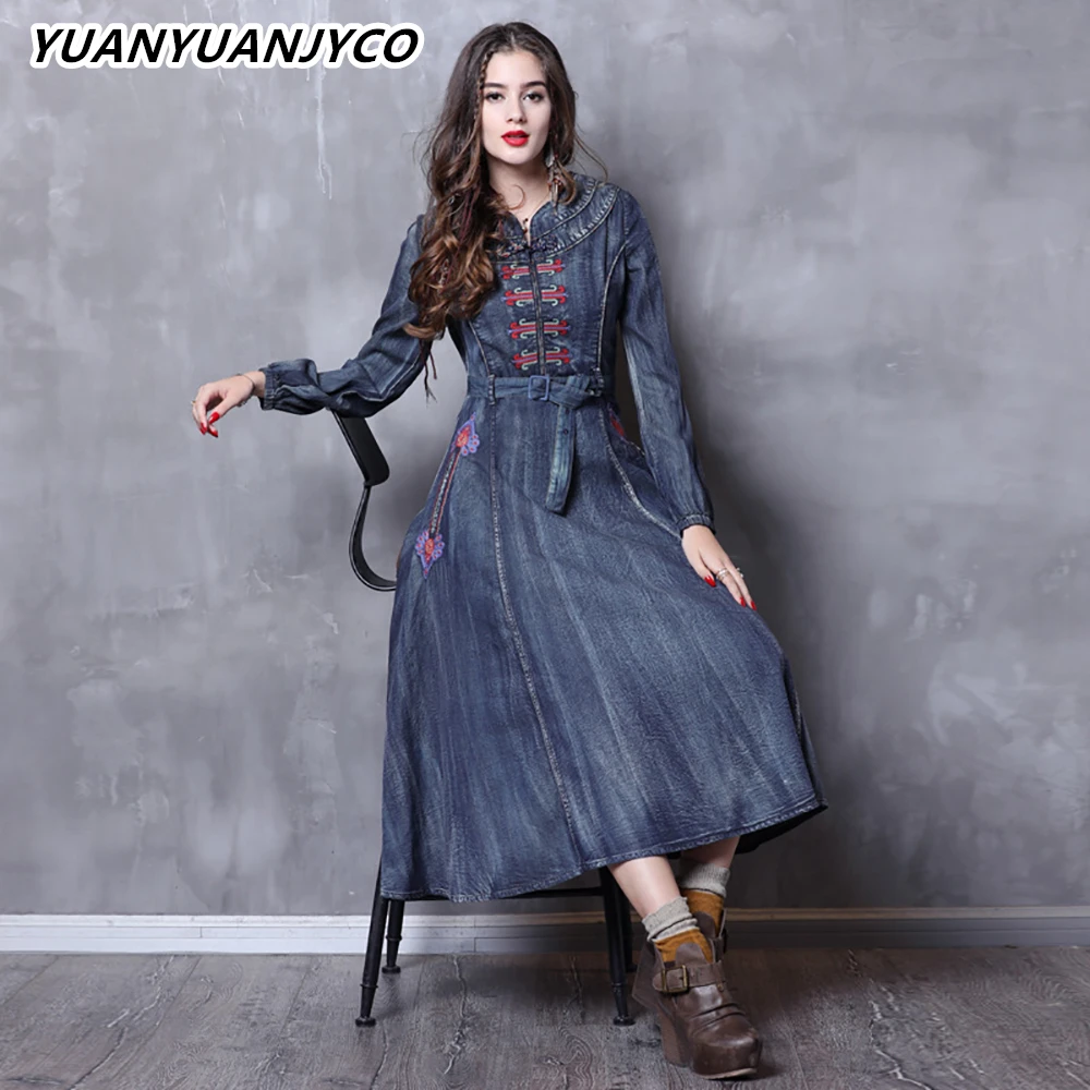 

Весенне-осеннее женское платье YUANYUANJYCO длиной до середины икры, этническое джинсовое платье LYQ9 с высокой талией и цветочной вышивкой, хлопко...