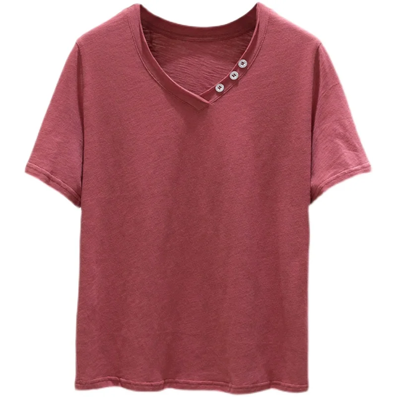 95% Slub CottonT Shirt Summer Women Loose Solid Tee Shirt Female Short Sleeve Tops Tees Causal V Neck Buttons Basic T-shirt 
95% Slub CottonT Shirt Summer Women Loose Solid Tee Shirt Female Short Sleeve Tops Tees Causal V Neck Buttons Basic T-shirt