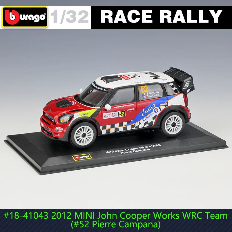 Модель автомобиля Bburago 1:32 2012 MINI John Cooper Works WRC Team (37 # Dani Sordo)(52 # Pierre Campana), металлическая модель
Модель автомобиля Bburago 1:32 2012 MINI John Cooper Works WRC Team (37 # Dani Sordo)(52 # Pierre Campana), металлическая модель