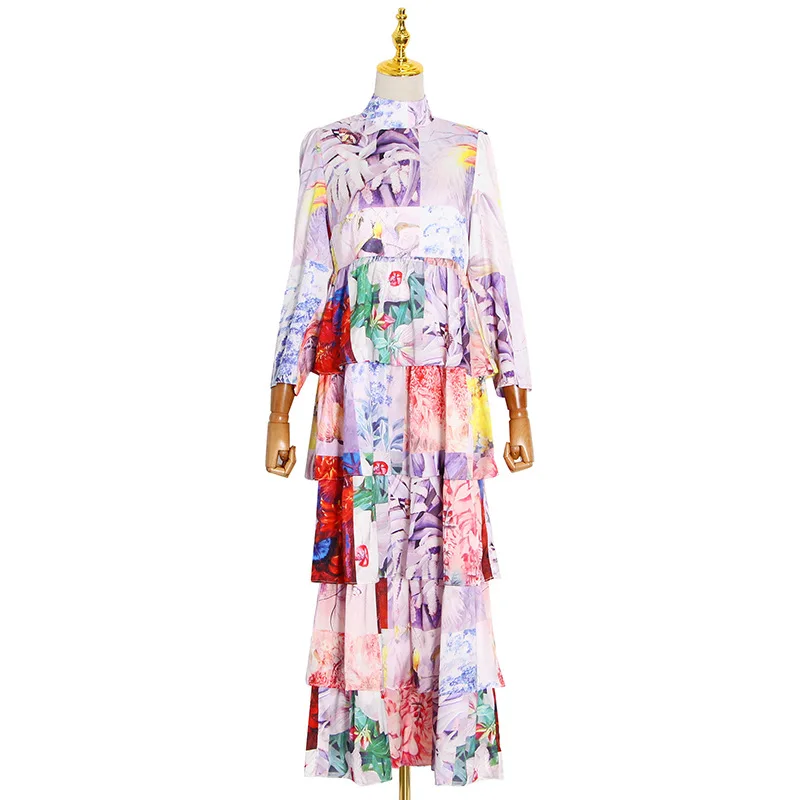 Chao brand new fashion temperament elegant collar long sleeve waist printing layer cake long skirt
Chao brand new fashion temperament elegant collar long sleeve waist printing layer cake long skirt