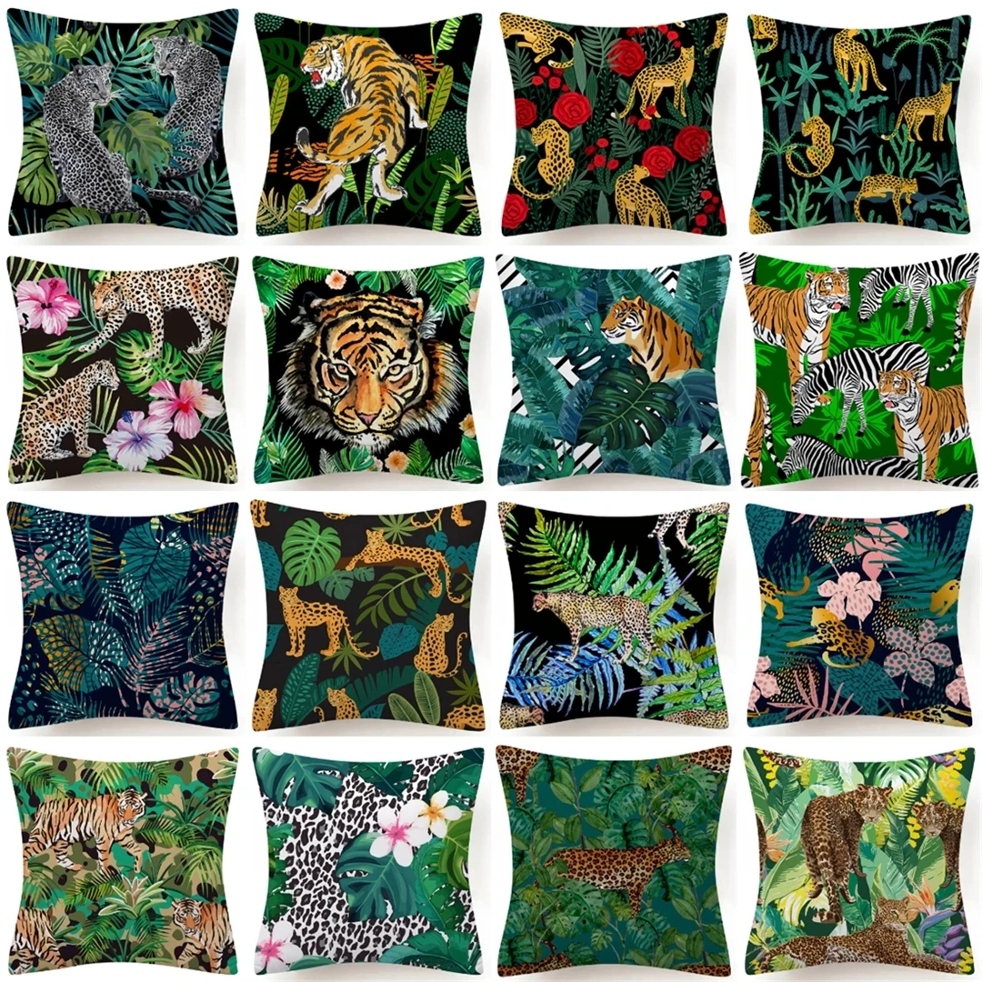 

45*45cm Tropical Jungle Tiger Leopard Floral Cushion Case Home Decorative Lumbar Animals Pillow Cover Sofa Car Cushion Decor