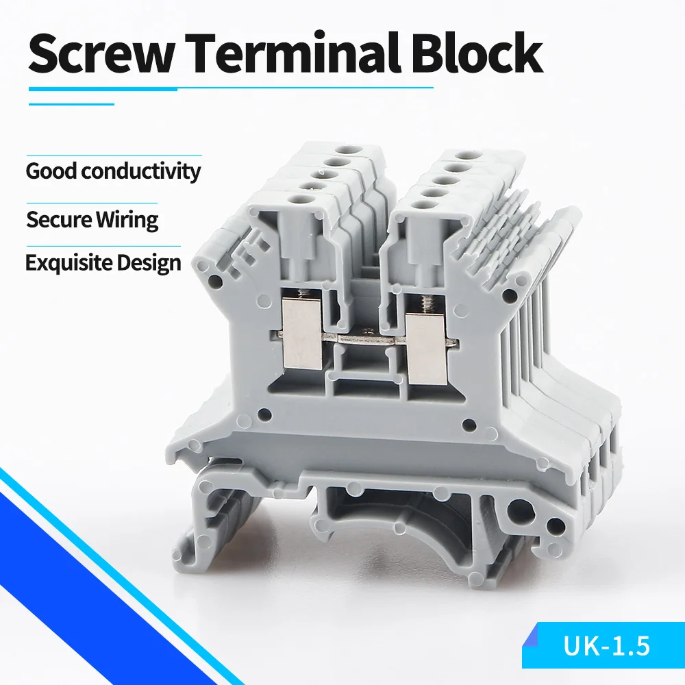 

100pcs Wire Conductor Din Rail Terminal Block UK-1.5N Universal Screw Connection Wire Connector Block Terminal Strip Block 16awg