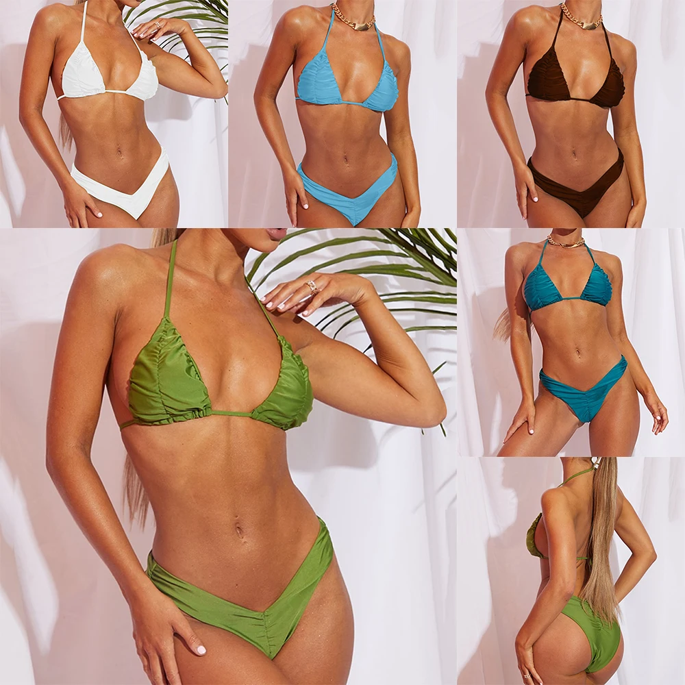 Triangle Bralette Bathing Suit 2021 New Sexy Puckered Bikini Set Women Solid Color Swimwear Two Piece Swimsuit Backless Halter
Triangle Bralette Bathing Suit 2021 New Sexy Puckered Bikini Set Women Solid Color Swimwear Two Piece Swimsuit Backless Halter