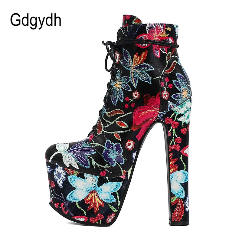 Женские Винтажные ботинки Gdgydh на очень высоком каблуке со шнуровкой и цветами