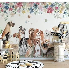 WELLYU Nordic fashion character wall paper Creative cute group of puppies floral childrens room background 3d wallpaper3D