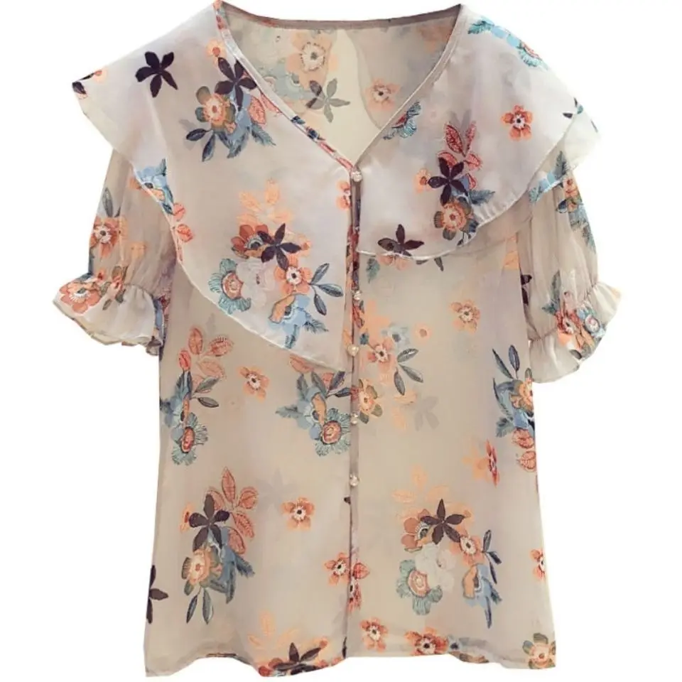 Women Blouses Short Sleeves Shirt Female Tops Lady Ruffle Pullover Casual Summer Chiffon Blouses Printed Loose Tops
Women Blouses Short Sleeves Shirt Female Tops Lady Ruffle Pullover Casual Summer Chiffon Blouses Printed Loose Tops