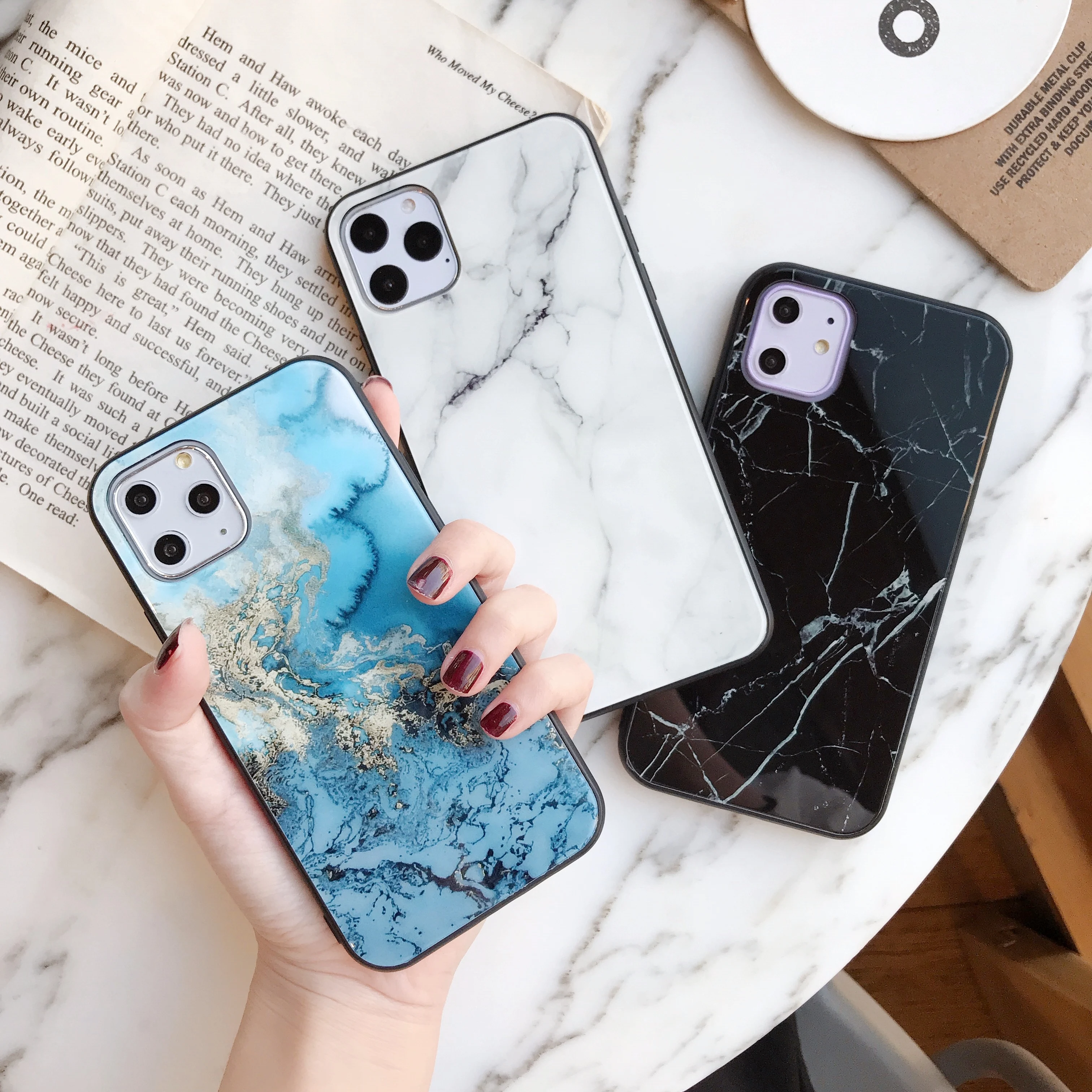 

White Light Glass Marble Sea Wave Pattern Hard Shell For IPhone12 11 Pro Max 12 XS XR 6 7 8Plus All-Inclusive Side Fireproof