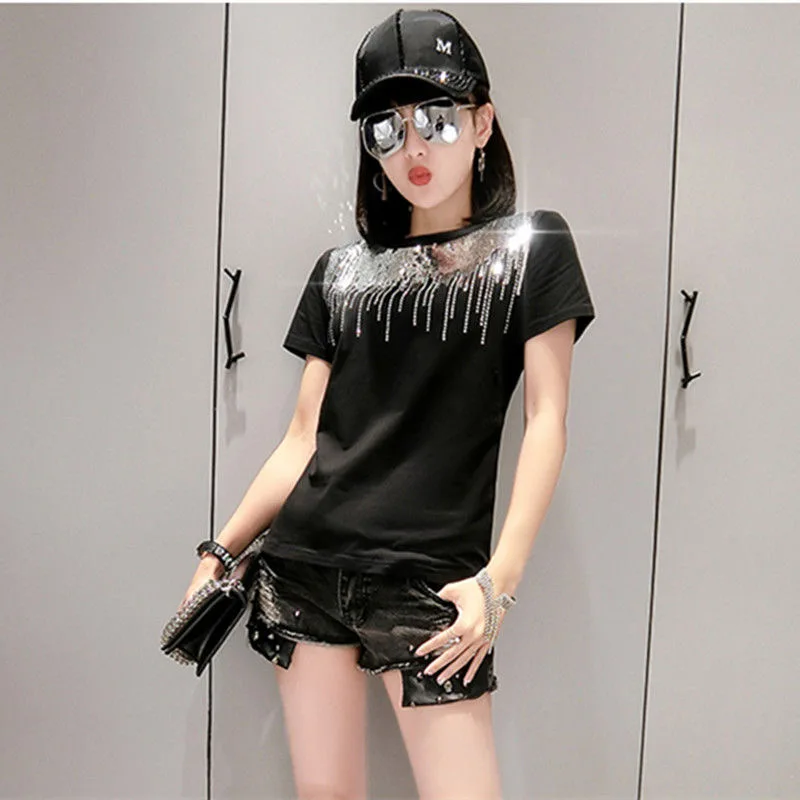 Solid Sequins Diamonds O-Neck Tshirt New Summer Office Lady Cotton Top Clothes Shirt Camiseta Mujer Black White
Solid Sequins Diamonds O-Neck Tshirt New Summer Office Lady Cotton Top Clothes Shirt Camiseta Mujer Black White