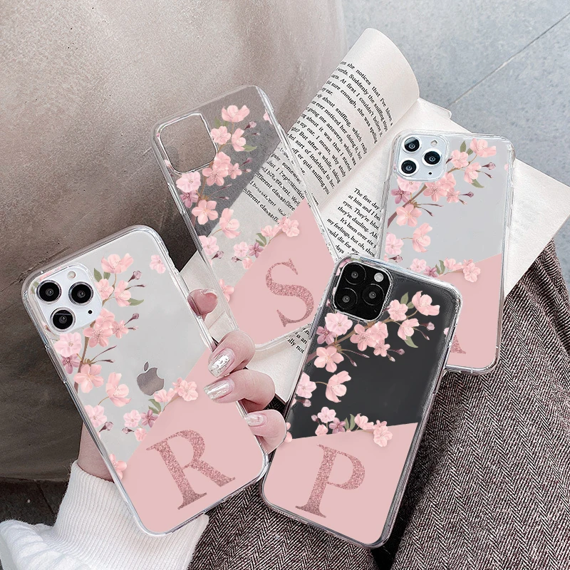 Clear Initial Custom Letter Flower Name Cases For iPhone 12 11 13 Pro XS MAX Mini X XR SE 2020 For iPhone 7 8 6 6S 5 5S SE Plus