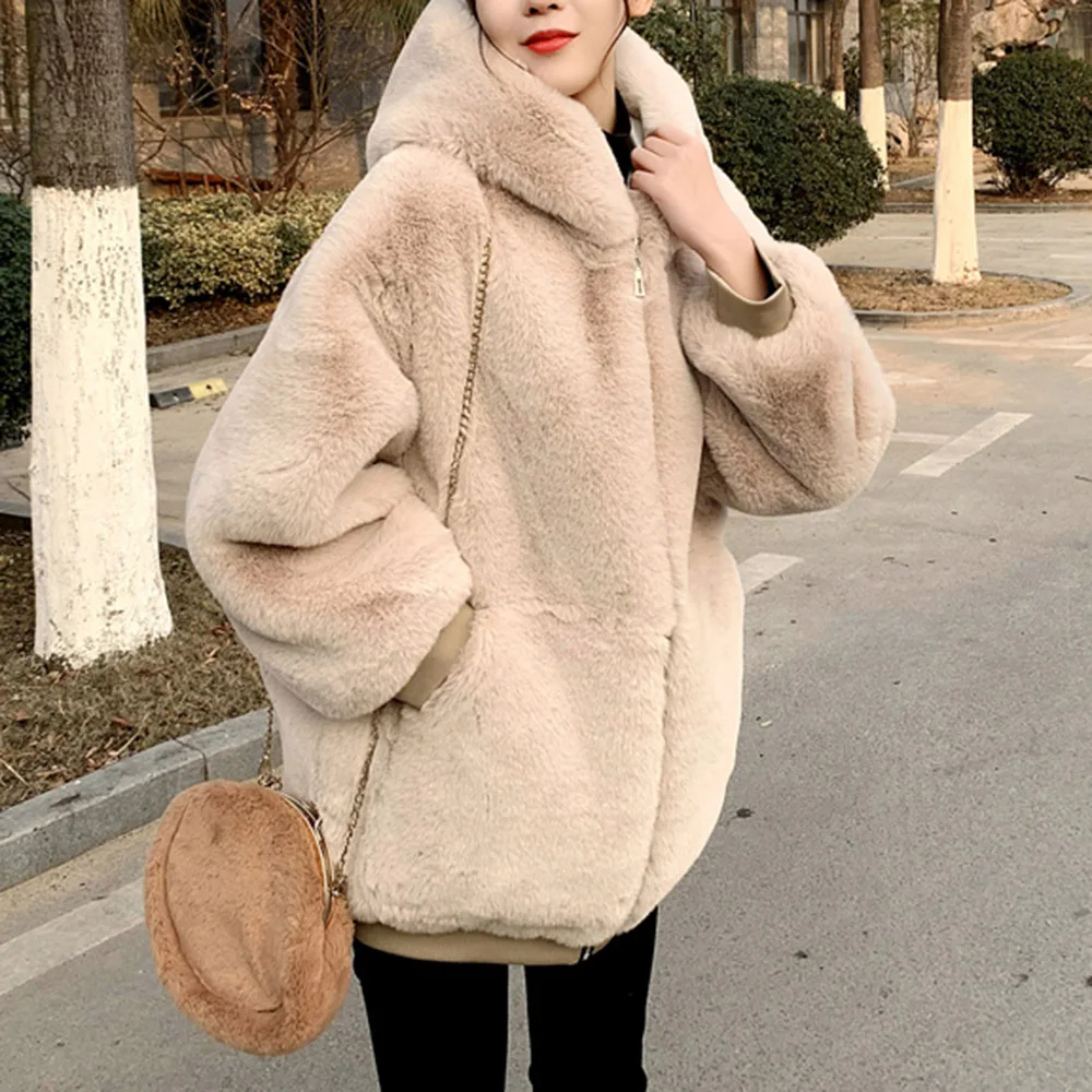 

2021 New Style Rex Rabbit Women Faux Fur Coat Straw Hooded Mid-length Mink Fur Lamb Fur Plush Overcoat Winter Plain