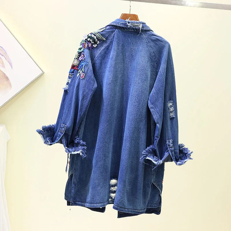 Осенняя джинсовая куртка для женщин с цветочной вышивкой на одной пуговице