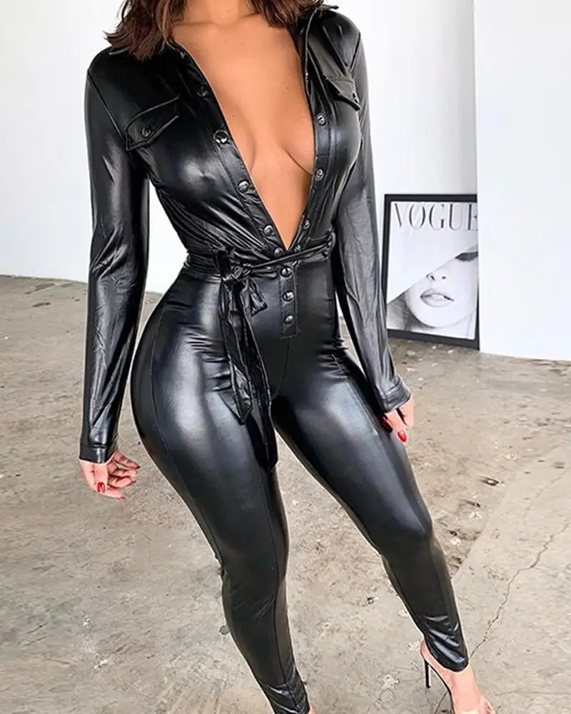 

Sexy Deep V Faux Leather Jumpsuit Women Long Sleeve Sexy V Neck Quality Pu Leather Jumpsuit Black Slinky Club Overall Outfits