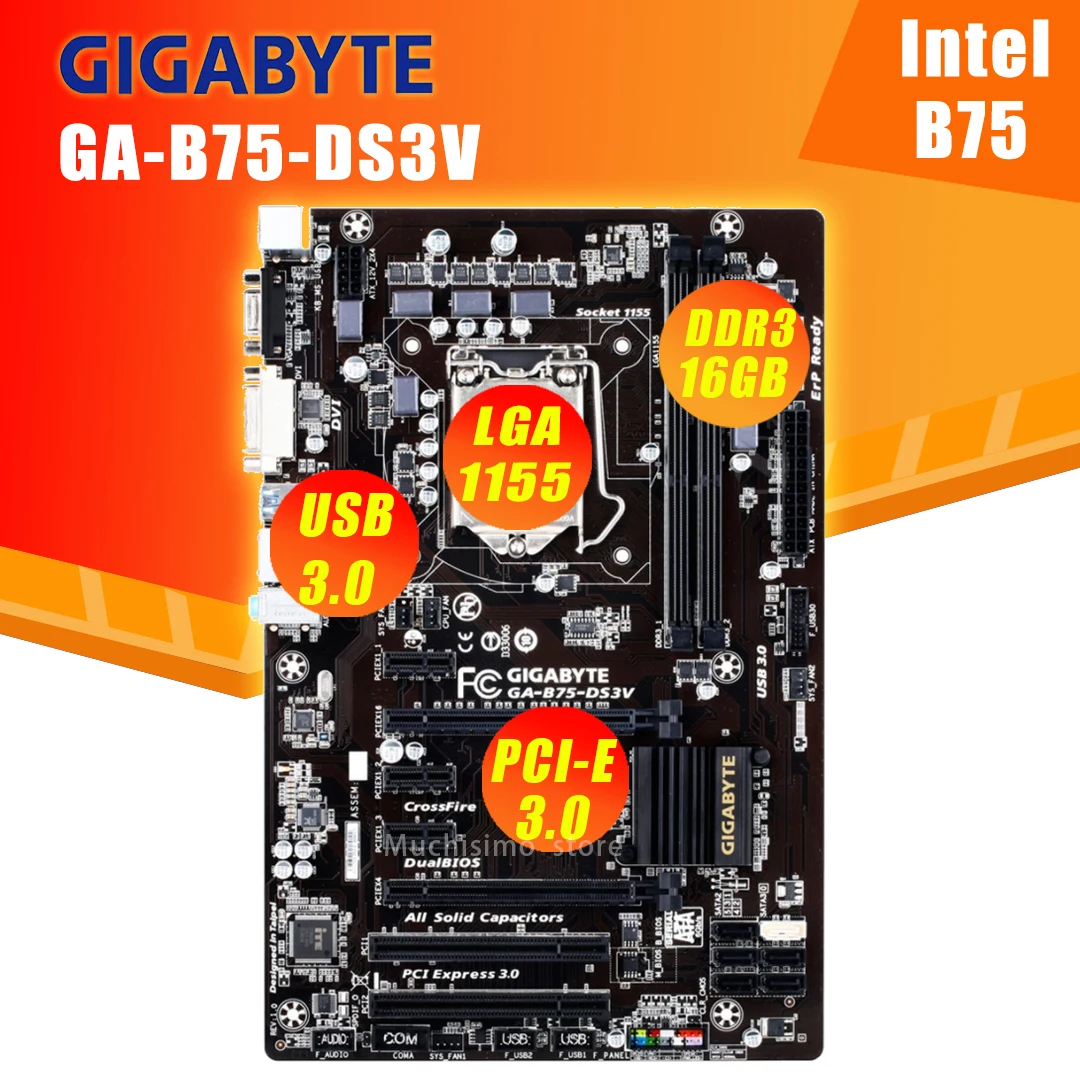LGA 1155 системная плата GIGABYTE GA B75 DS3V материнская гнездо LGA1155 DDR3 для Intel B75M