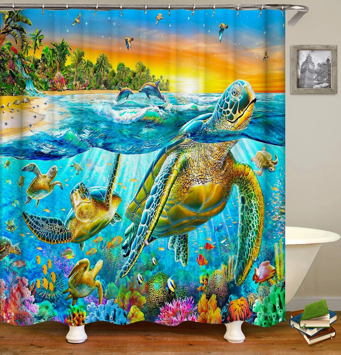 

Ocean Sea Turtle Shower Curtain Bathroom Curtains Dolphin Waterproof Polyester Fabric 180X180cm Home Decor With 12 Hooks