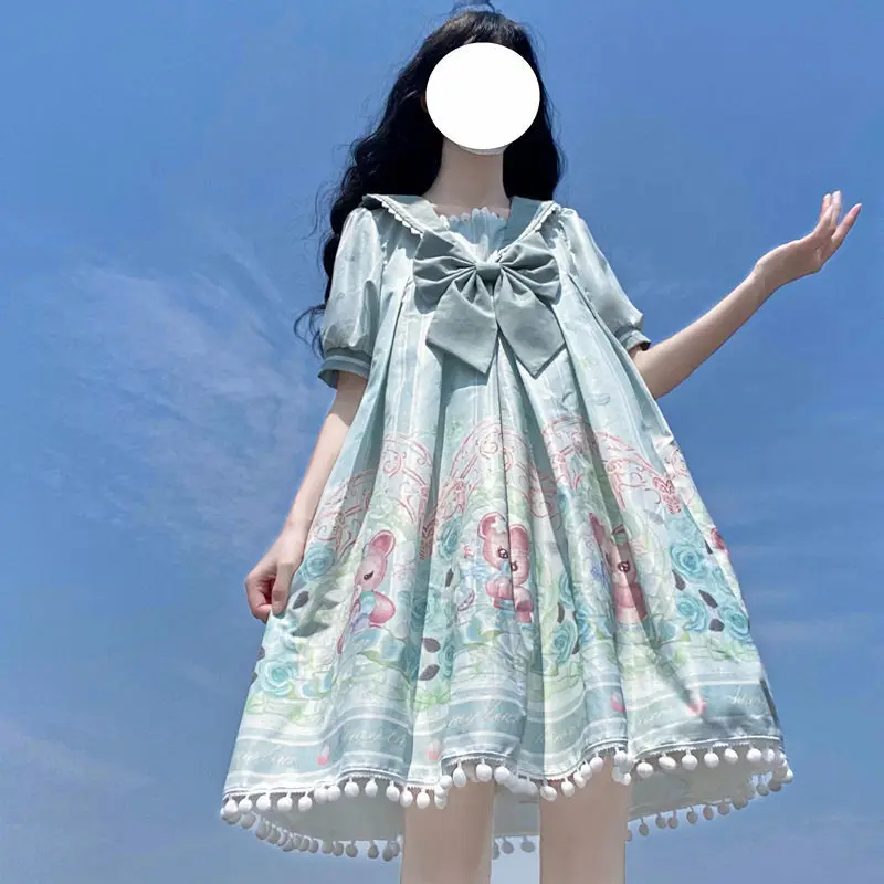 Japanese Sweet Lolita Dress Green Bear Canned Printing Cool Summer Short Sleeve Dress Girls Kawaii Cute Daily Dresses
Japanese Sweet Lolita Dress Green Bear Canned Printing Cool Summer Short Sleeve Dress Girls Kawaii Cute Daily Dresses