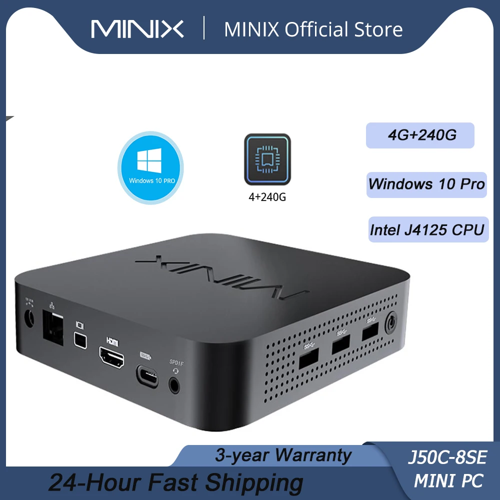 

MINIX NEO J50C-8SE Mini PC Official Windows 10 Pro Intel J4125 CPU Mini Computer 8GB DDR4 240GB SSD Support Up to 2TB Vesa Mount