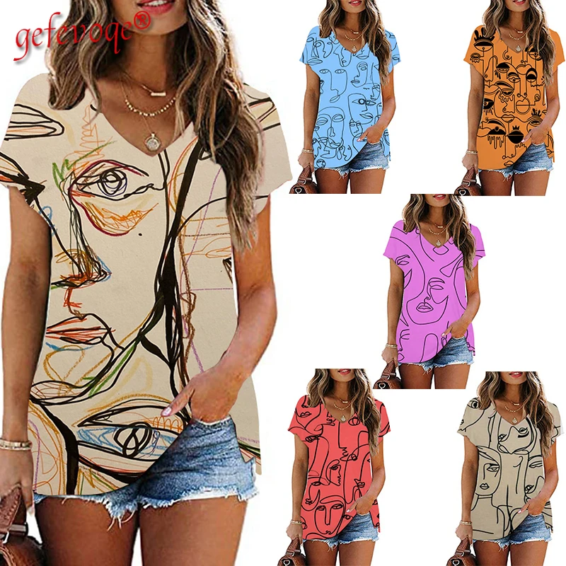 Женская футболка с коротким рукавом, V-образным вырезом и геометрическим принтом
Женская футболка с коротким рукавом, V-образным вырезом и геометрическим принтом