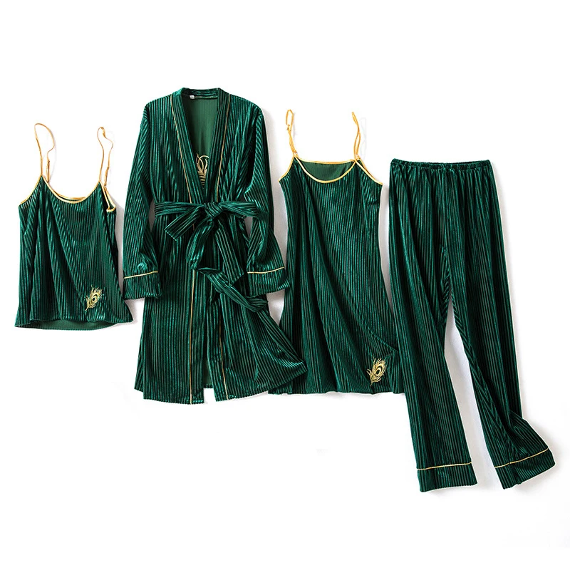 Conjunto de pijamas femininos verdes, 4 peças, robe, camisola, outono e inverno, macio, veludo, roupa de dormir
Conjunto de pijamas femininos verdes, 4 peças, robe, camisola, outono e inverno, macio, veludo, roupa de dormir