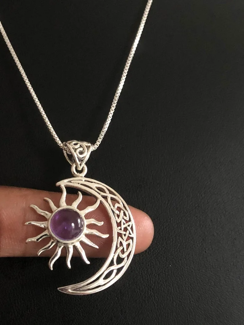 Amethyst Pendant,Silver Celtic Necklace, Amethyst Crescent Jewelry, Celtic Moon & Sun Necklace
Amethyst Pendant,Silver Celtic Necklace, Amethyst Crescent Jewelry, Celtic Moon & Sun Necklace