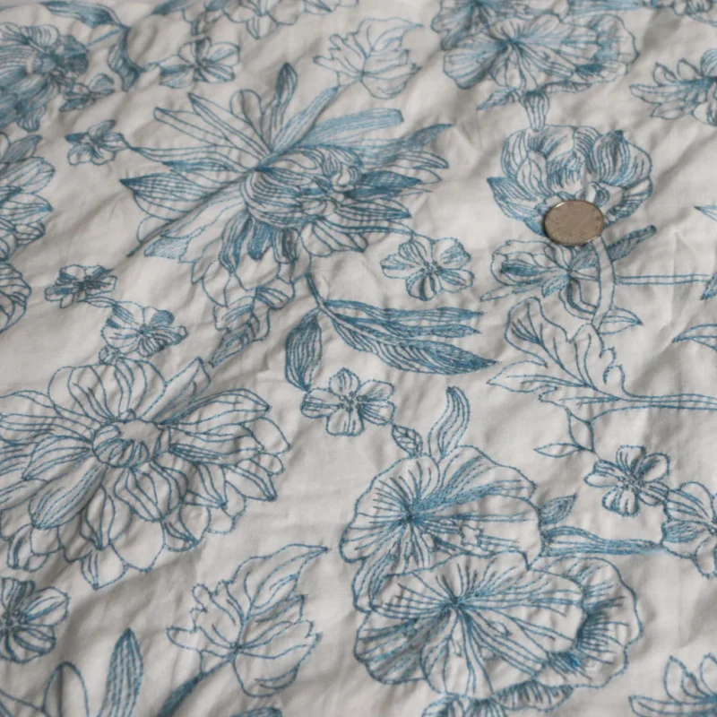 

130cm Width Secret garden ancient style white background blue lines outline big flower lotus cotton embroidered garment fabric