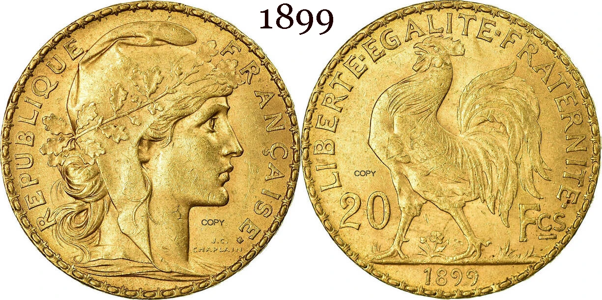 Франция 1899 20 франков Золотая Марианна петух третья Республика латунная