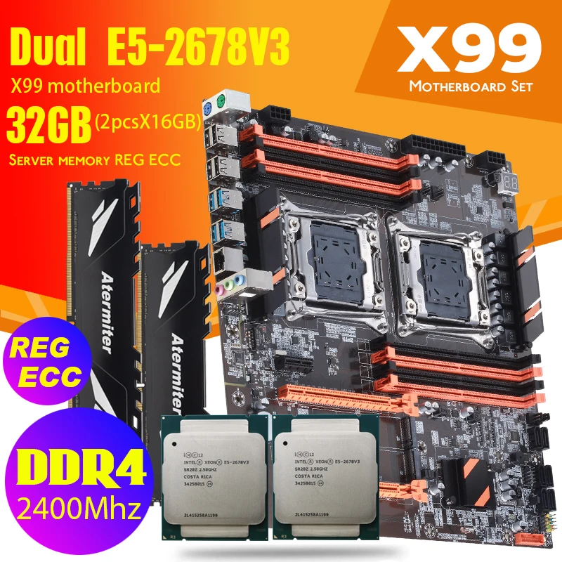 Atermiter Dual X99 материнская плата с 2011 3 XEON E5 2678 V3 * 2 шт. X 16 ГБ = 32 Гб DDR4 2400 МГц память