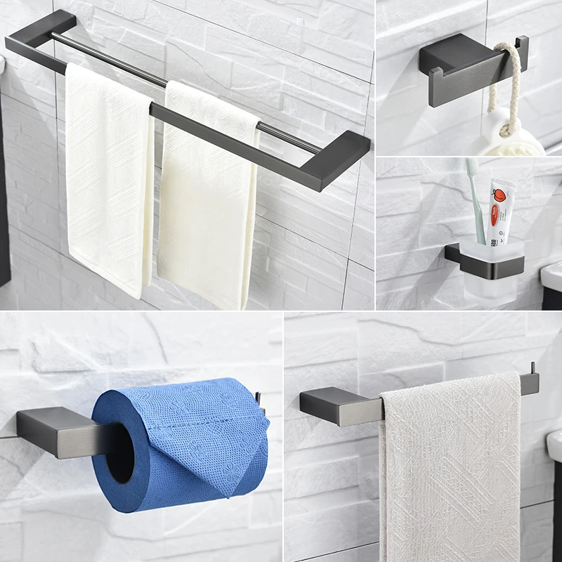 Bathroom Wall-mounted Stainless Steel Matte Gray Towel Shelf Robe Hook Toilet Paper Holder Soap Holder Toothbrush Holder
Bathroom Wall-mounted Stainless Steel Matte Gray Towel Shelf Robe Hook Toilet Paper Holder Soap Holder Toothbrush Holder