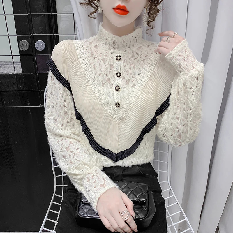 Chiffon Women's Blouse Lace Girl's Shirt Casual Clothing Splicing Loose Long Sleeve Top Spring Autumn Lady Blusas Houthion
Chiffon Women's Blouse Lace Girl's Shirt Casual Clothing Splicing Loose Long Sleeve Top Spring Autumn Lady Blusas Houthion