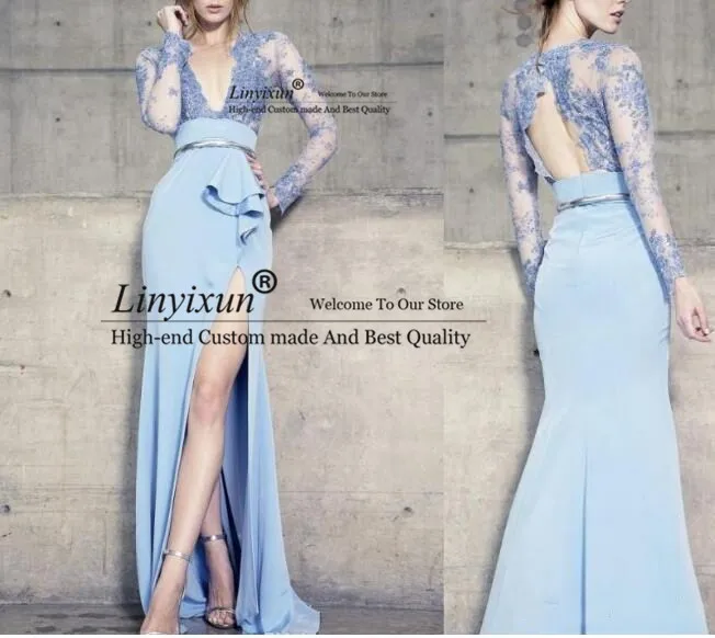 2020 Long Sleeves Blue Prom Dresses Backless Deep V Neckline Lace Applique Mermaid High Split Formal Evening Gowns Party Dress
2020 Long Sleeves Blue Prom Dresses Backless Deep V Neckline Lace Applique Mermaid High Split Formal Evening Gowns Party Dress