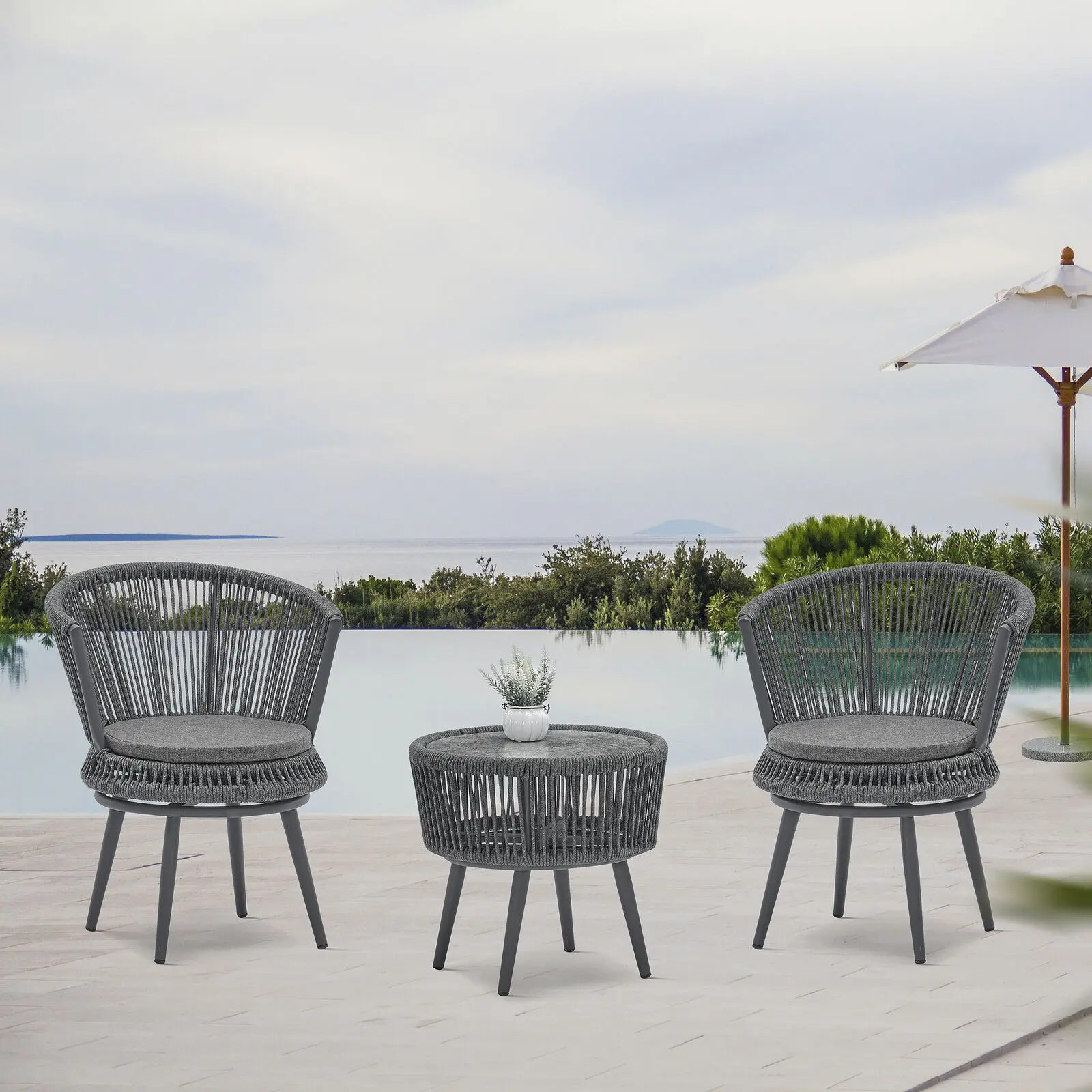 3pcs Rattan Chair Modern Outdoor Table And Chair Woven-belt Rope Wicker Hand-make Weaving Furniture Swivel Rope Chair
3pcs Rattan Chair Modern Outdoor Table And Chair Woven-belt Rope Wicker Hand-make Weaving Furniture Swivel Rope Chair