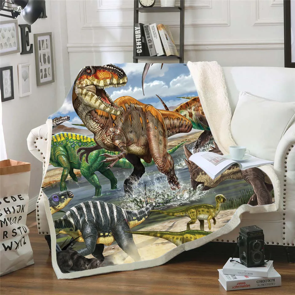 

Dinosaur Jurassic Funny Character Blanket 3D Print Sherpa Blanket on Bed Home Textiles Dreamlike Style 01